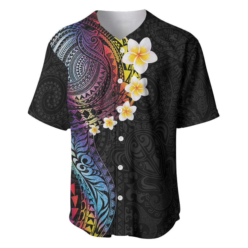 Hawaiian Tribal Tattoo and Plumeria Baseball Jersey Polynesian Pattern Rainbow LT03 Black - Polynesian Pride