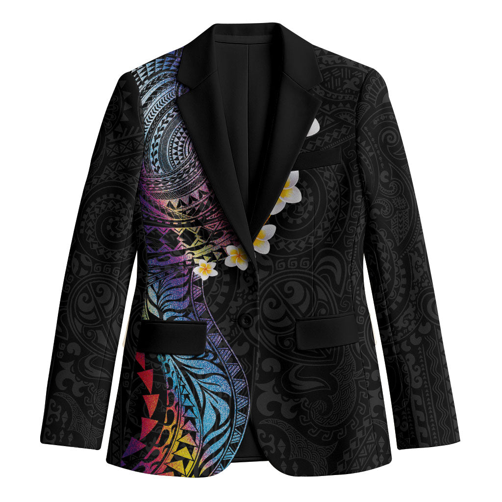 Hawaiian Tribal Tattoo and Plumeria Blazer Polynesian Pattern Rainbow LT03 Unisex Black - Polynesian Pride