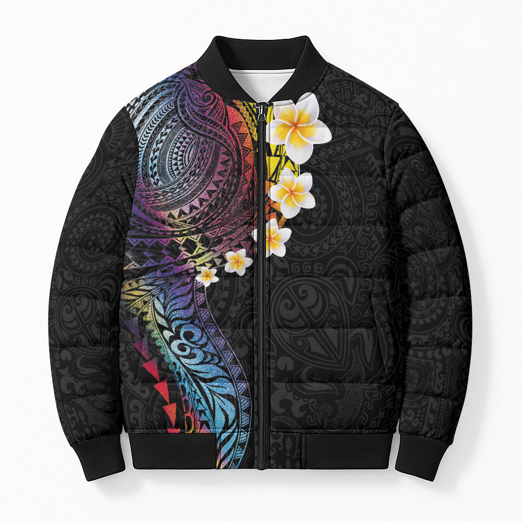 Hawaiian Tribal Tattoo and Plumeria Bomber Puffer Jacket Polynesian Pattern Rainbow LT03 Unisex Black - Polynesian Pride