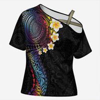 Hawaiian Tribal Tattoo and Plumeria Cross Shoulder Shirt Polynesian Pattern Rainbow LT03 Female Black - Polynesian Pride