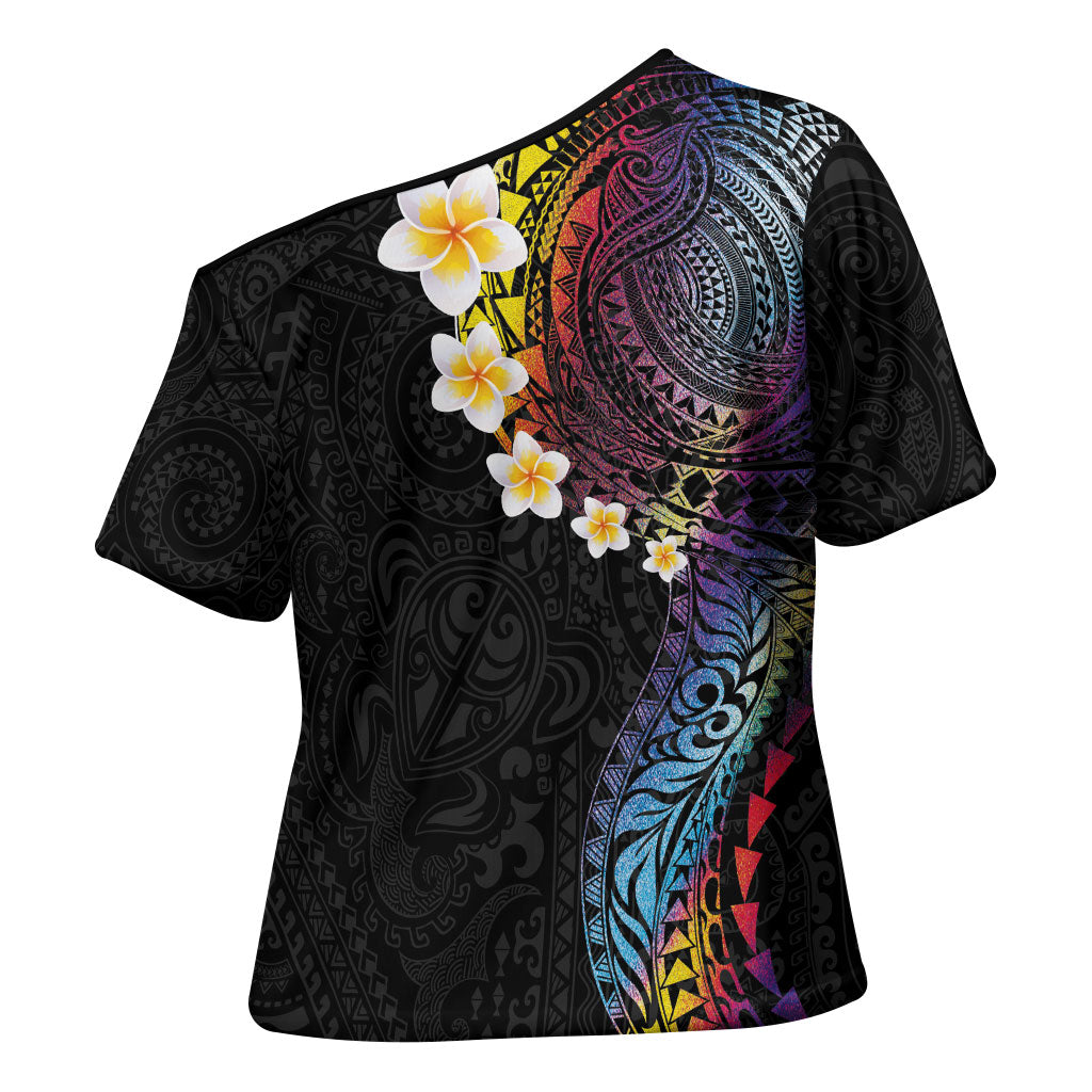 Hawaiian Tribal Tattoo and Plumeria Cross Shoulder Shirt Polynesian Pattern Rainbow LT03 - Polynesian Pride