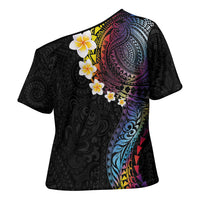 Hawaiian Tribal Tattoo and Plumeria Cross Shoulder Shirt Polynesian Pattern Rainbow LT03 - Polynesian Pride