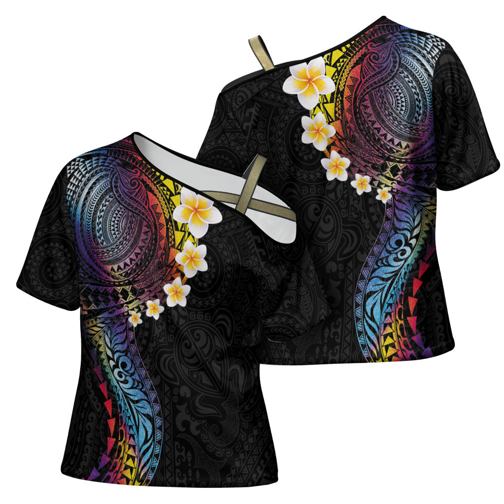 Hawaiian Tribal Tattoo and Plumeria Cross Shoulder Shirt Polynesian Pattern Rainbow LT03 - Polynesian Pride