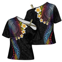 Hawaiian Tribal Tattoo and Plumeria Cross Shoulder Shirt Polynesian Pattern Rainbow LT03 - Polynesian Pride