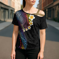Hawaiian Tribal Tattoo and Plumeria Cross Shoulder Shirt Polynesian Pattern Rainbow LT03 - Polynesian Pride