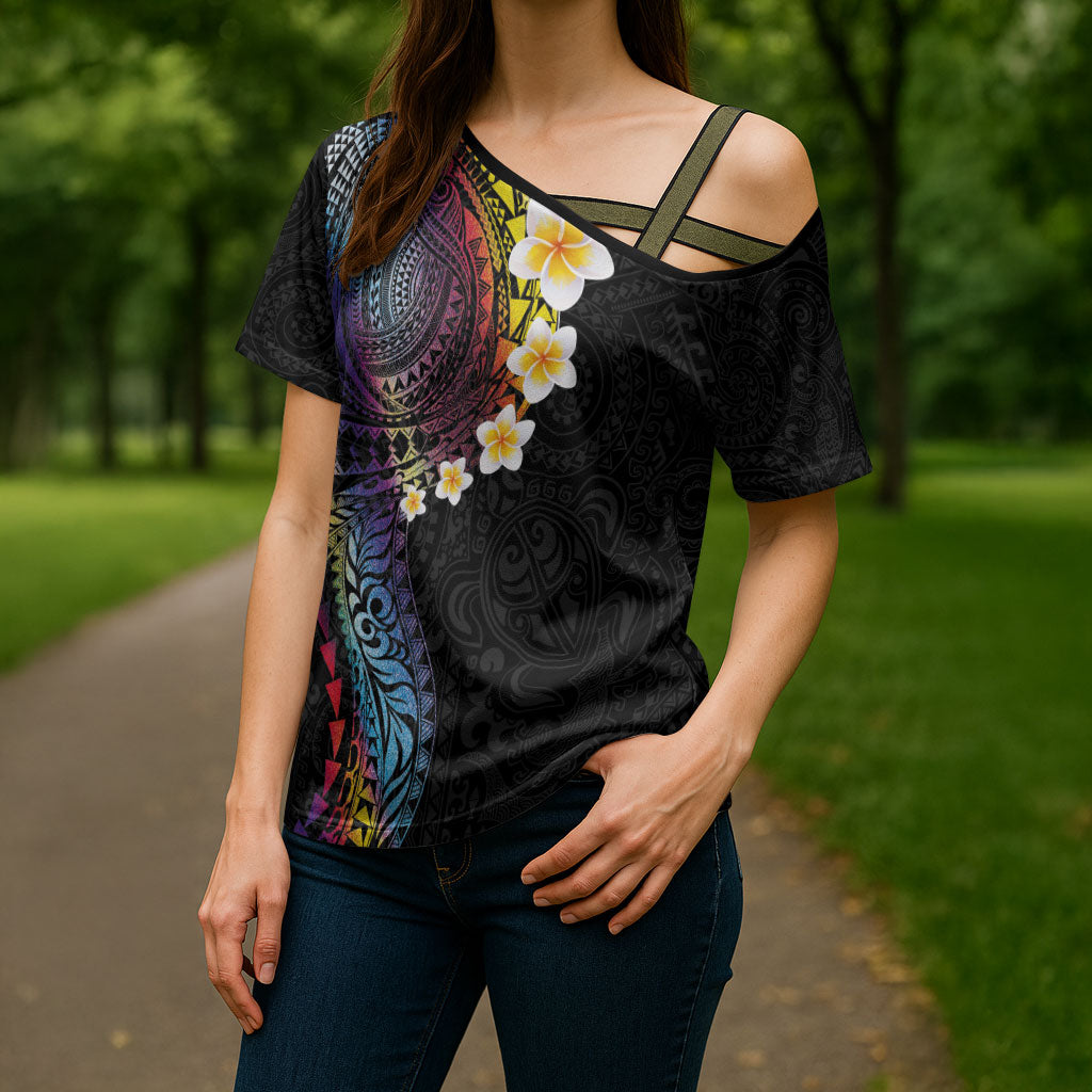Hawaiian Tribal Tattoo and Plumeria Cross Shoulder Shirt Polynesian Pattern Rainbow LT03 - Polynesian Pride