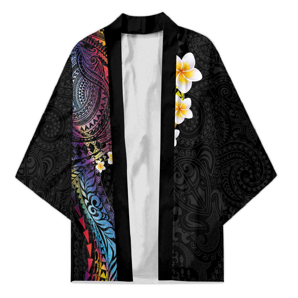 Hawaiian Tribal Tattoo and Plumeria Kimono Polynesian Pattern Rainbow LT03 Unisex Black - Polynesian Pride