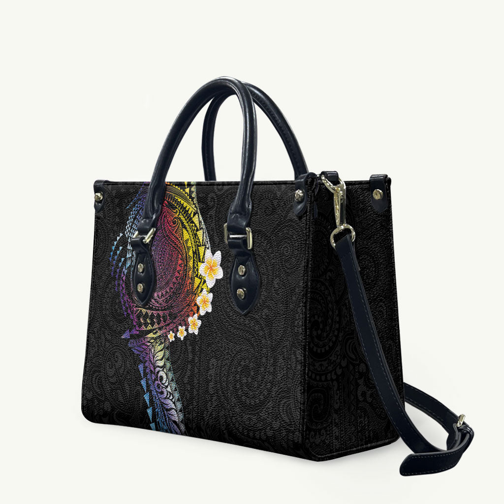 Hawaiian Tribal Tattoo and Plumeria Leather Bag Polynesian Pattern Rainbow LT03 Black - Polynesian Pride
