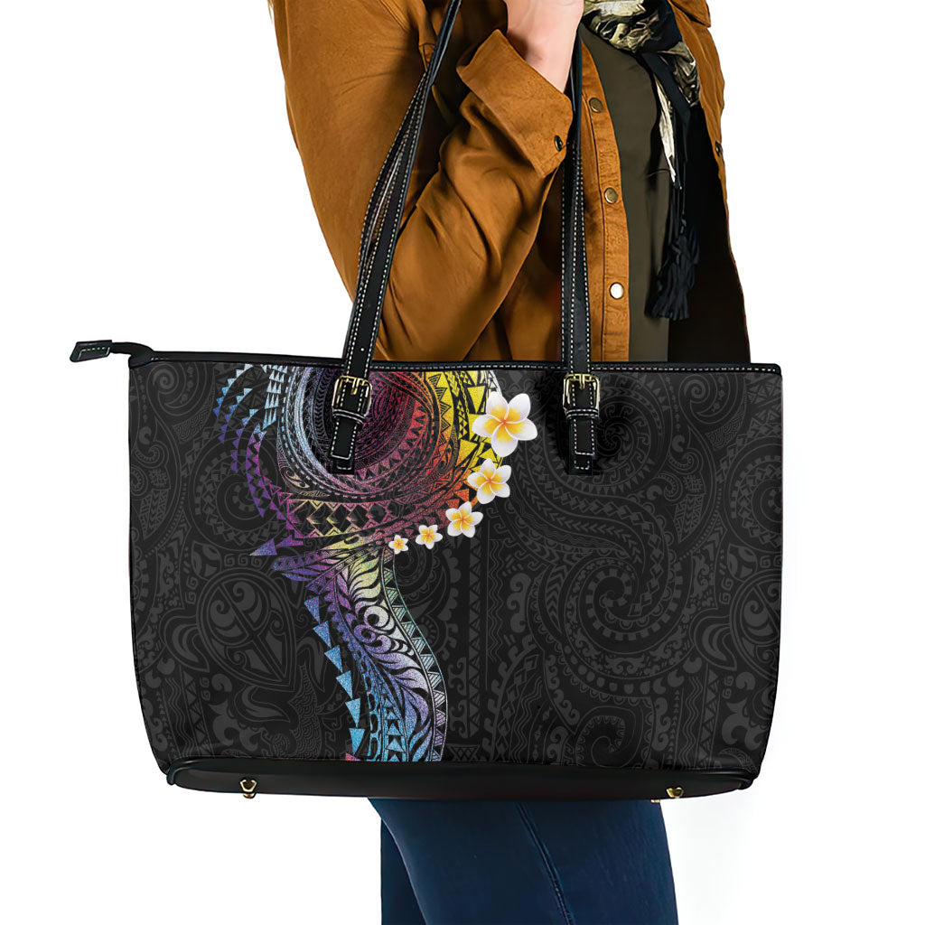 Hawaiian Tribal Tattoo and Plumeria Leather Tote Bag Polynesian Pattern Rainbow