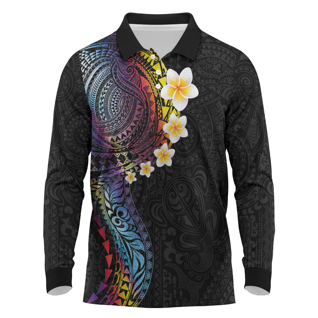 Hawaiian Tribal Tattoo and Plumeria Long Sleeve Polo Shirt Polynesian Pattern Rainbow LT03 Black - Polynesian Pride