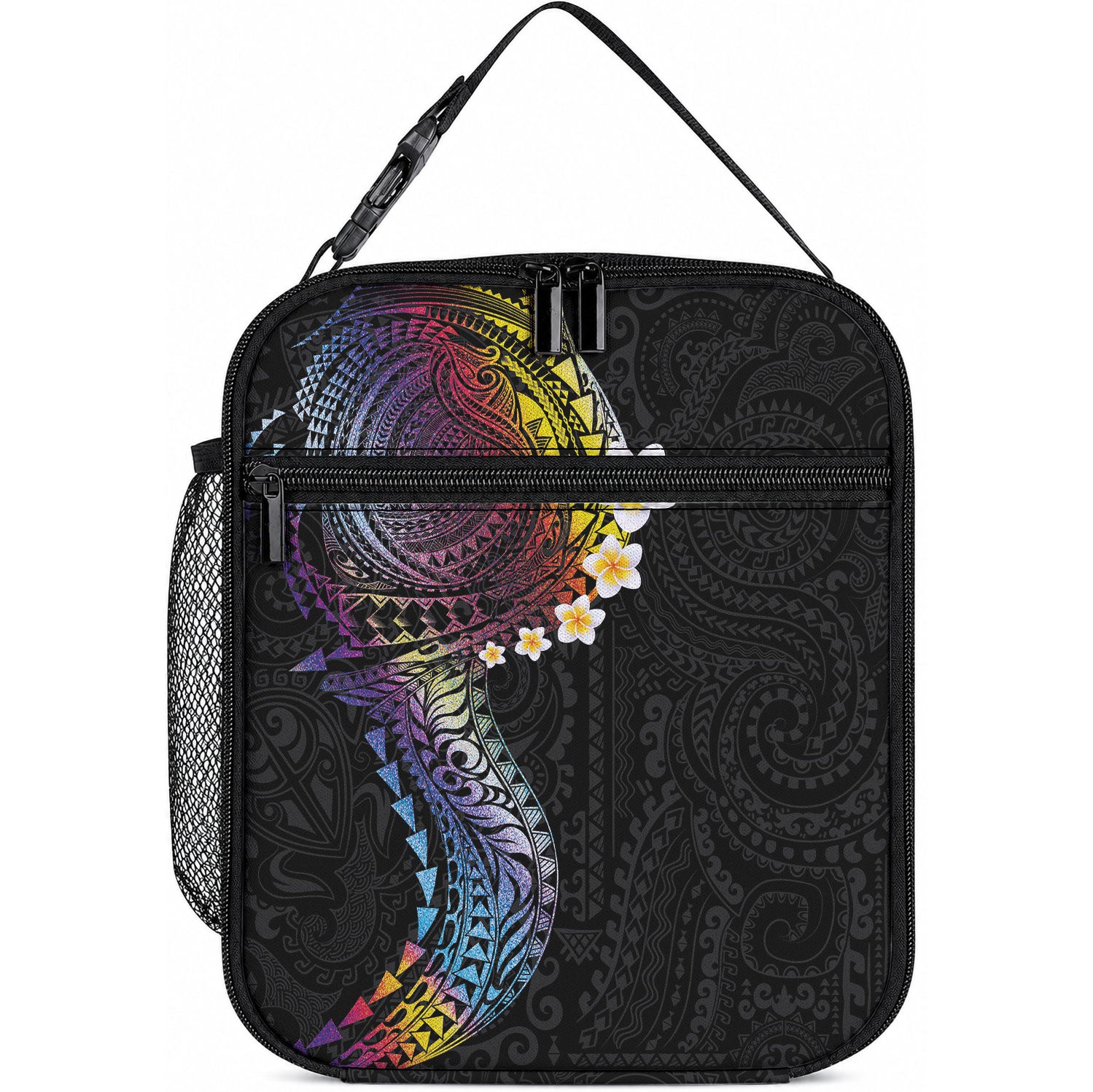 Hawaiian Tribal Tattoo and Plumeria Lunch Bag Polynesian Pattern Rainbow LT03 10.2 × 8.3 × 4.3 inch Black - Polynesian Pride