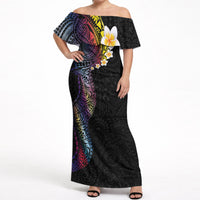 Hawaiian Tribal Tattoo and Plumeria Off Shoulder Maxi Dress Polynesian Pattern Rainbow LT03 Women Black - Polynesian Pride