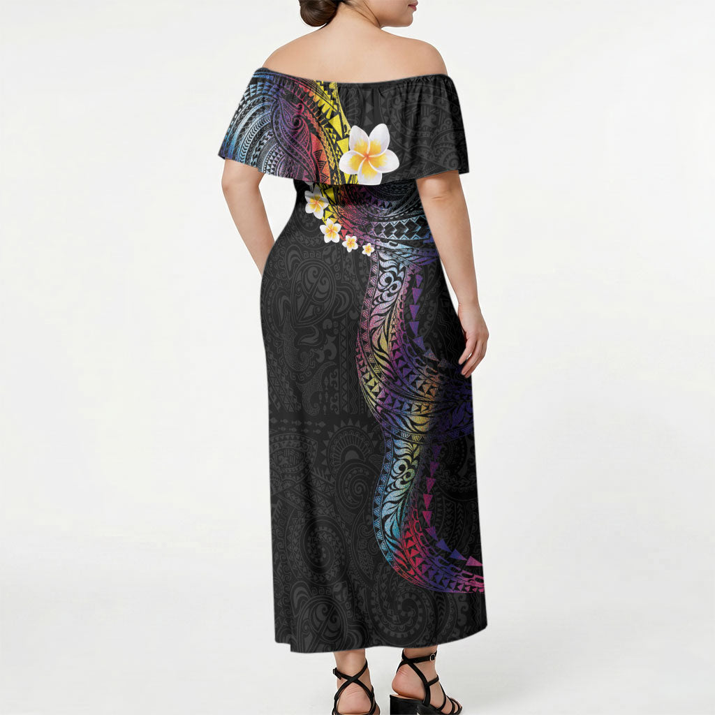 Hawaiian Tribal Tattoo and Plumeria Off Shoulder Maxi Dress Polynesian Pattern Rainbow LT03 - Polynesian Pride