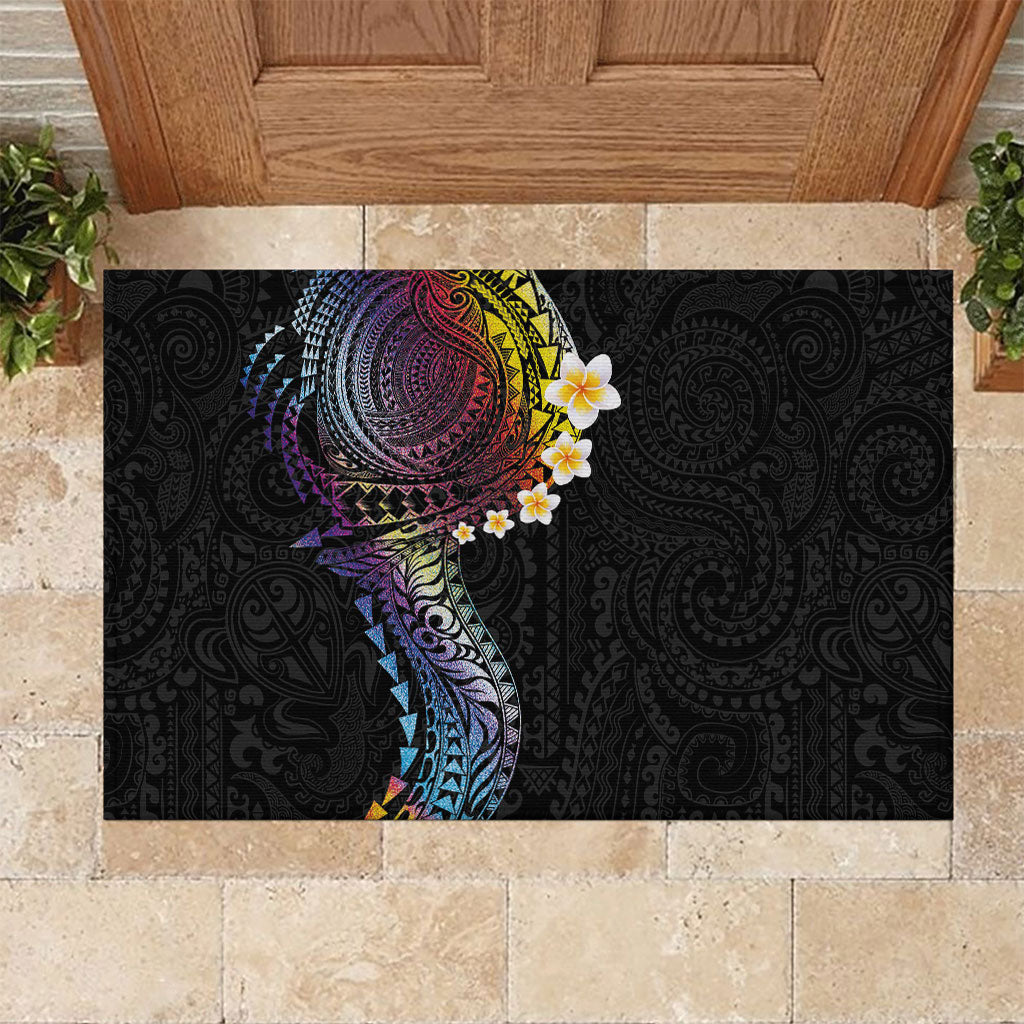 Hawaiian Tribal Tattoo and Plumeria Rubber Doormat Polynesian Pattern Rainbow