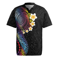 Hawaiian Tribal Tattoo and Plumeria Rugby Jersey Polynesian Pattern Rainbow