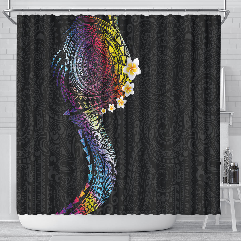 Hawaiian Tribal Tattoo and Plumeria Shower Curtain Polynesian Pattern Rainbow