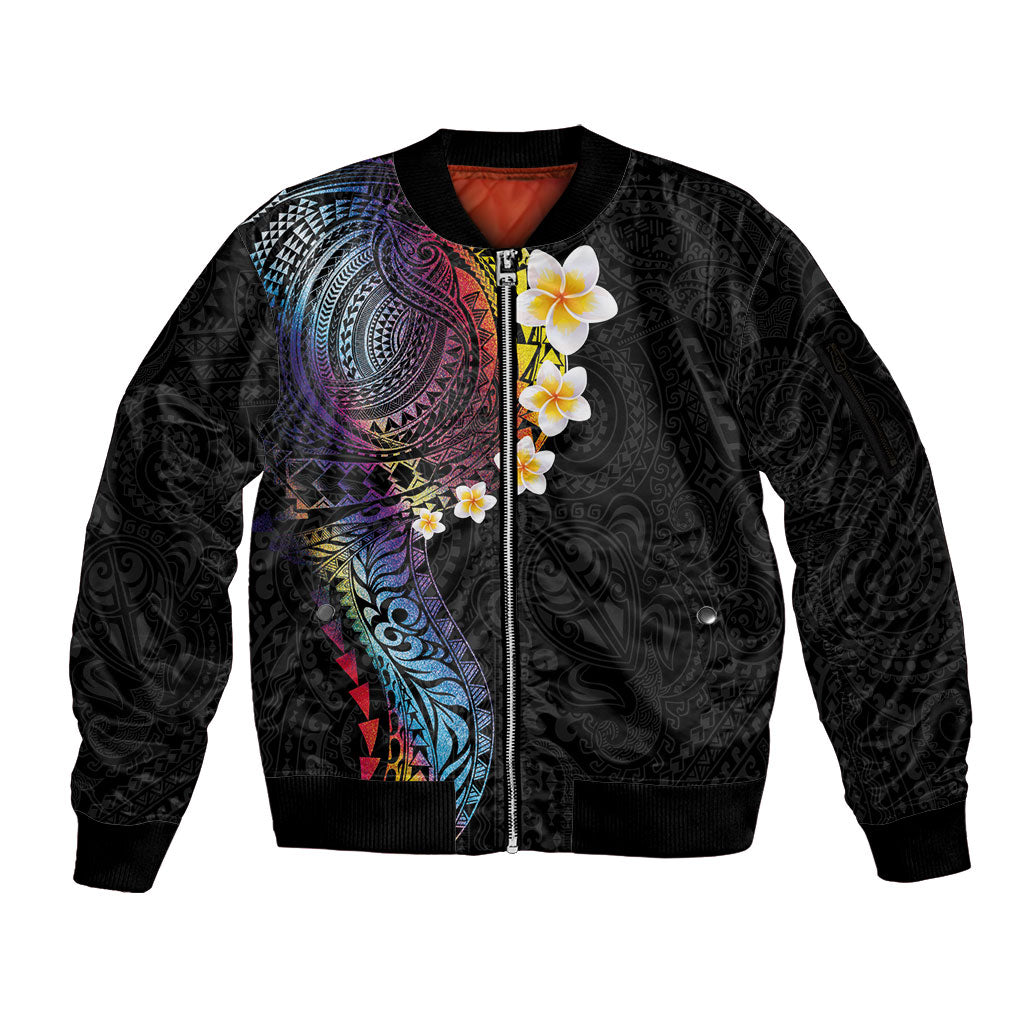 Hawaiian Tribal Tattoo and Plumeria Sleeve Zip Bomber Jacket Polynesian Pattern Rainbow LT03 Unisex Black - Polynesian Pride