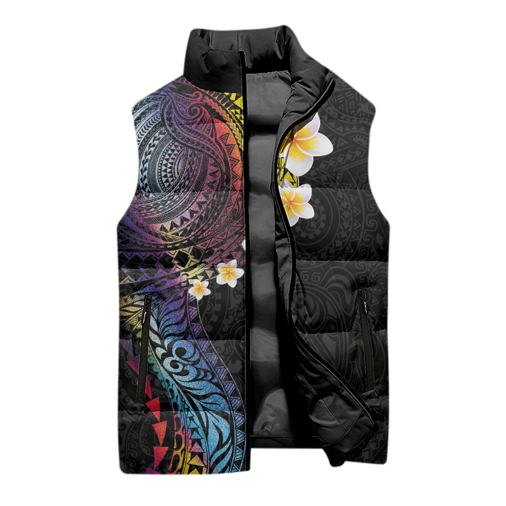 Hawaiian Tribal Tattoo and Plumeria Sleeveless Puffer Jacket Polynesian Pattern Rainbow