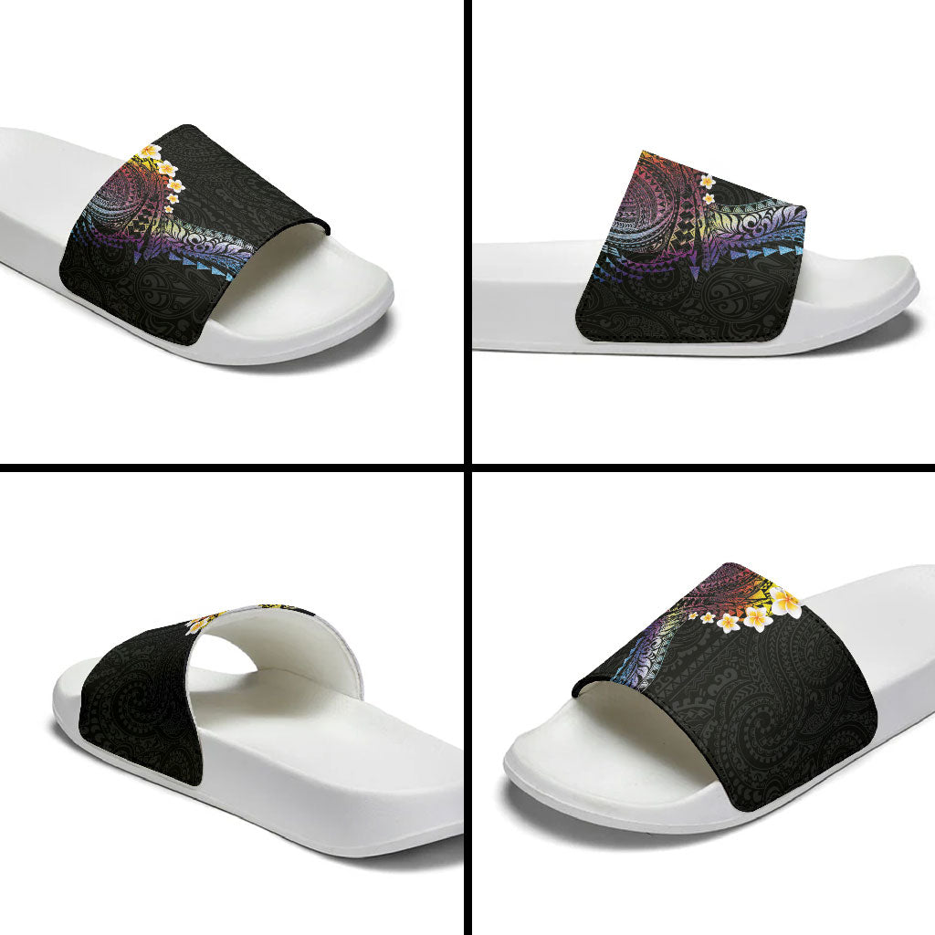 Hawaiian Tribal Tattoo and Plumeria Slide Sandals Polynesian Pattern Rainbow