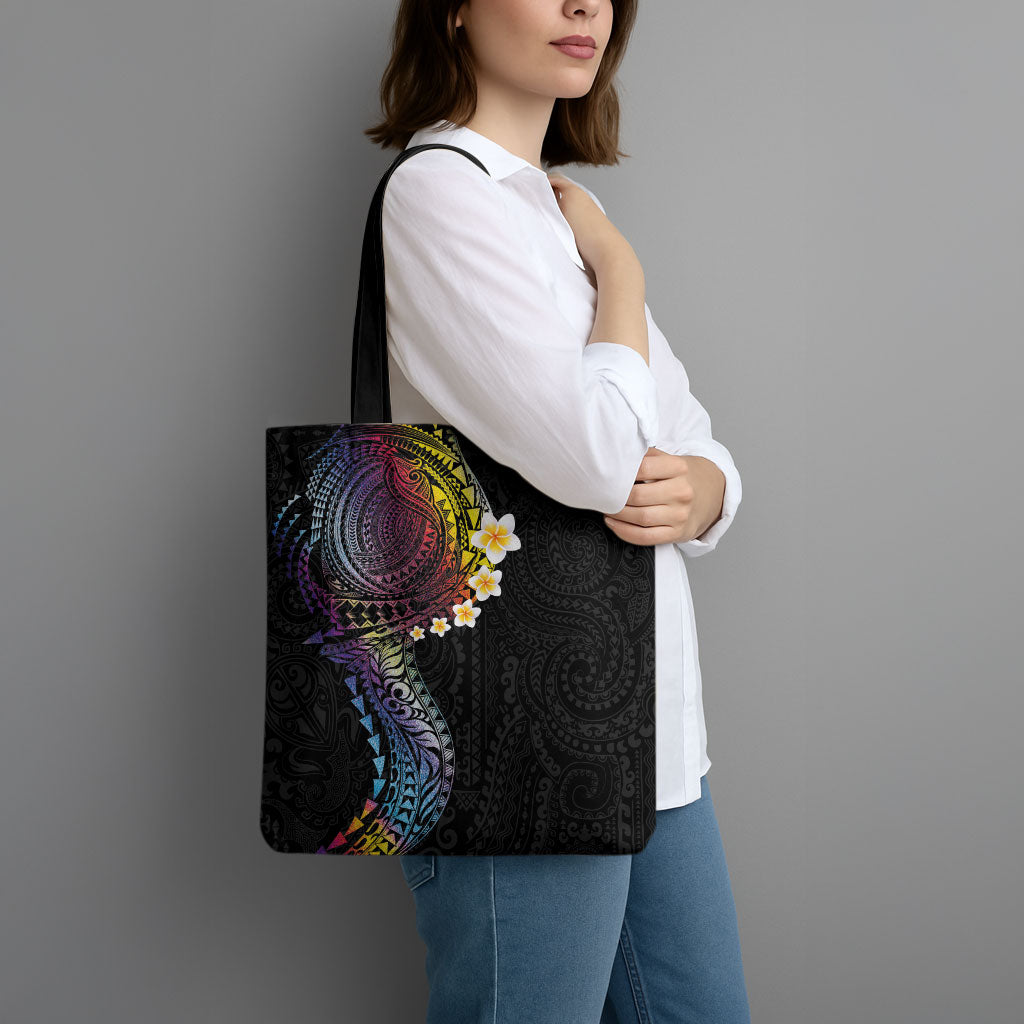 Hawaiian Tribal Tattoo and Plumeria Tote Bag Polynesian Pattern Rainbow