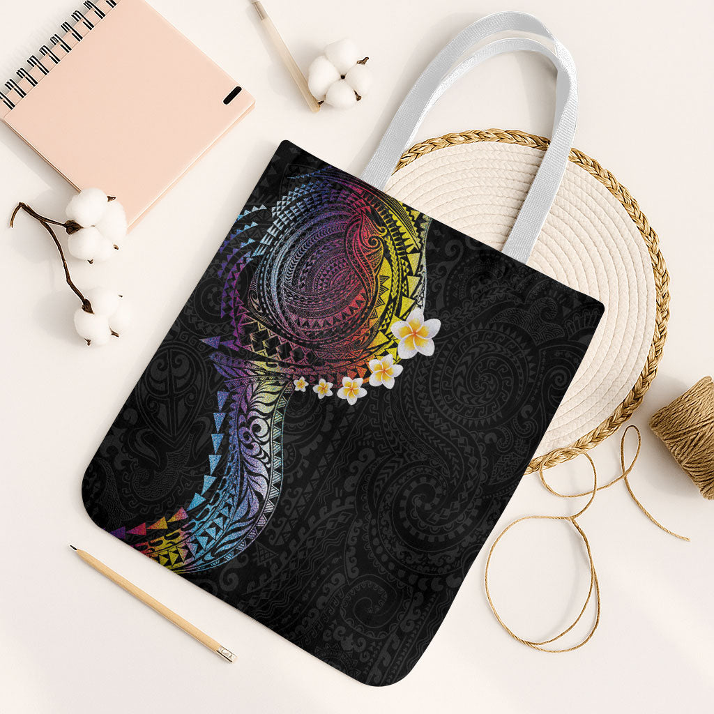 Hawaiian Tribal Tattoo and Plumeria Tote Bag Polynesian Pattern Rainbow