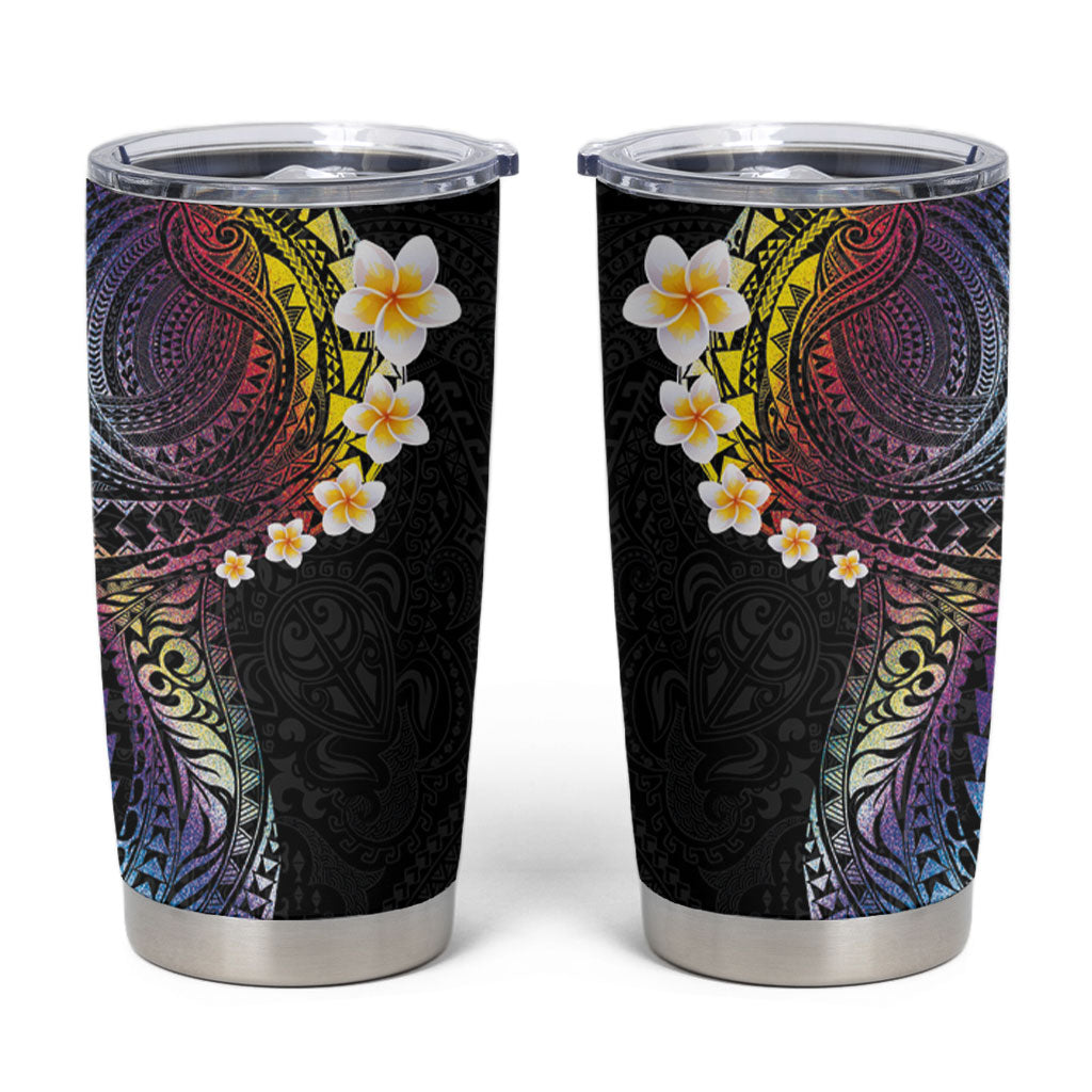 Hawaiian Tribal Tattoo and Plumeria Tumbler Cup Polynesian Pattern Rainbow