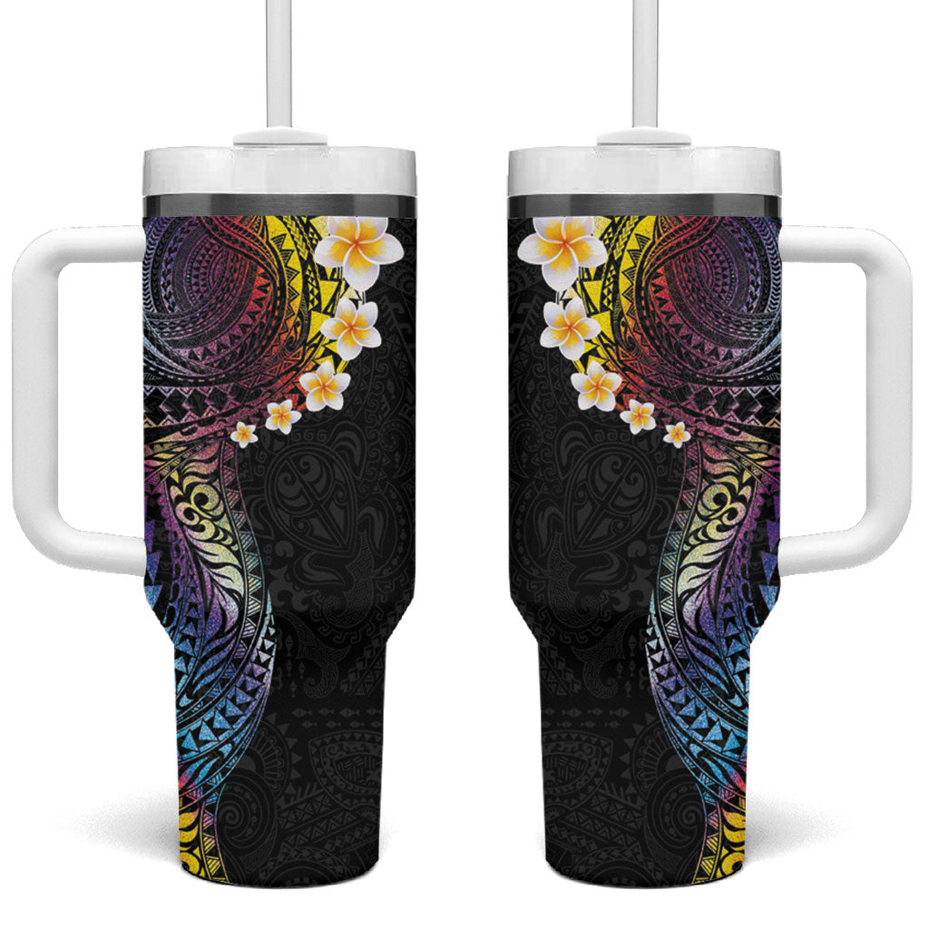 Hawaiian Tribal Tattoo and Plumeria Tumbler With Handle Polynesian Pattern Rainbow