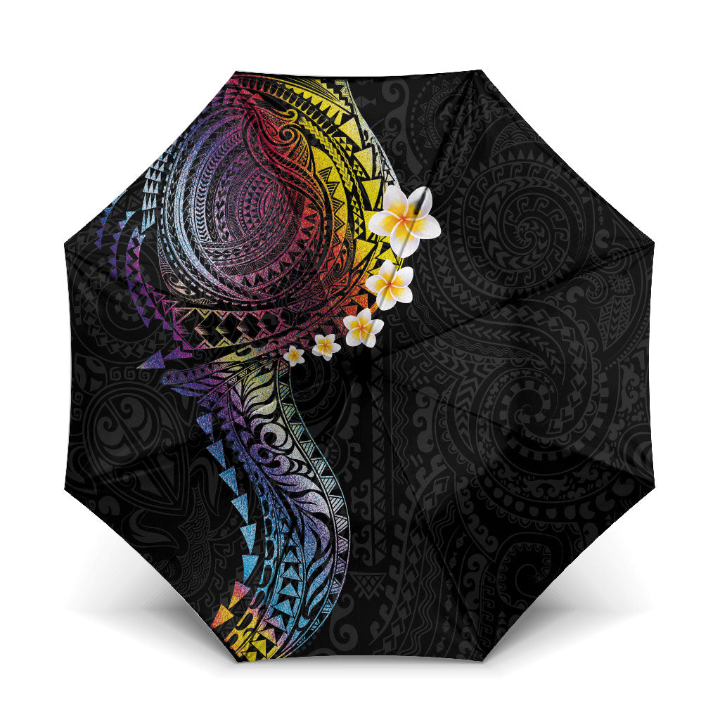 Hawaiian Tribal Tattoo and Plumeria Umbrella Polynesian Pattern Rainbow LT03 One Size Folded 11.42 inch Opened Diameter 37.4 inch Black - Polynesian Pride