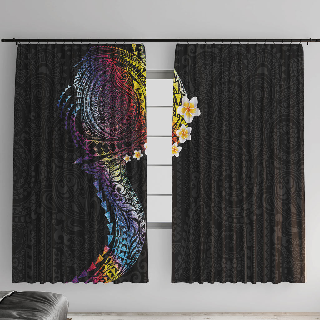 Hawaiian Tribal Tattoo and Plumeria Window Curtain Polynesian Pattern Rainbow LT03 With Hooks Black - Polynesian Pride