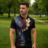 Hawaiian Tribal Tattoo and Plumeria Zipper Polo Shirt Polynesian Pattern Rainbow LT03 - Polynesian Pride
