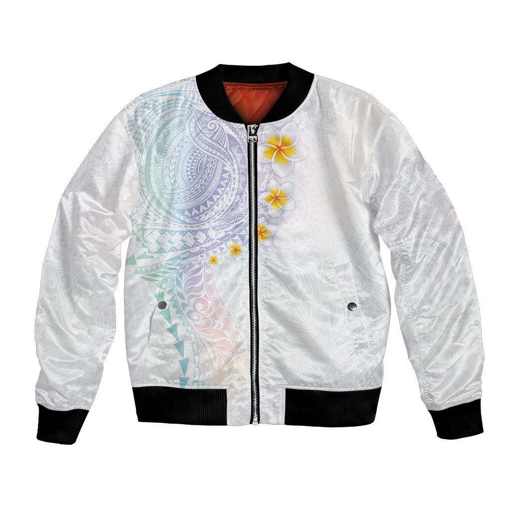 Hawaiian Tribal Tattoo and Plumeria Bomber Jacket Polynesian Pattern Sweet LT03 Unisex White - Polynesian Pride