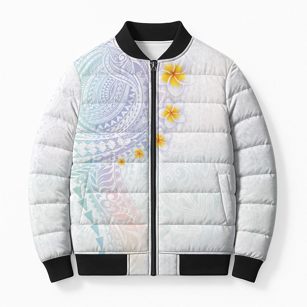 Hawaiian Tribal Tattoo and Plumeria Bomber Puffer Jacket Polynesian Pattern Sweet LT03 Unisex White - Polynesian Pride