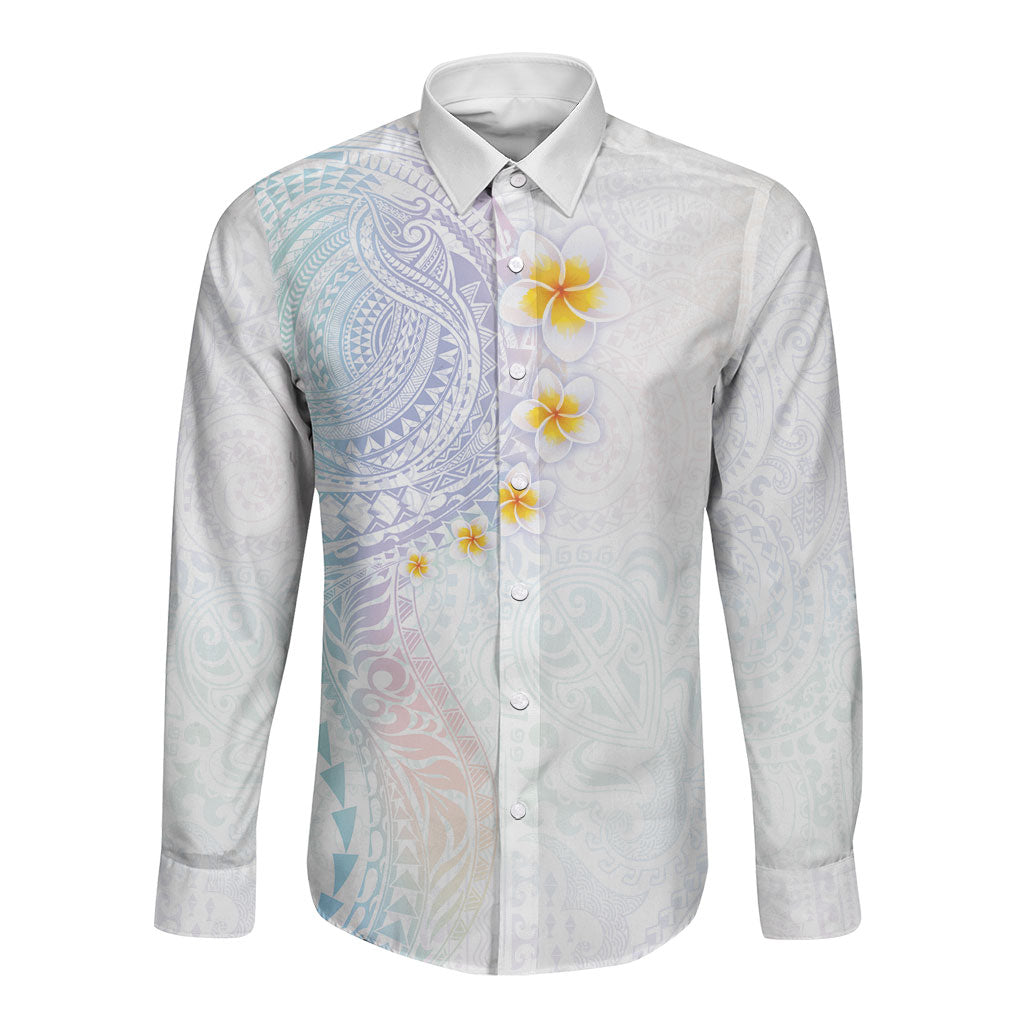 Hawaiian Tribal Tattoo and Plumeria Long Sleeve Button Shirt Polynesian Pattern Sweet LT03 Unisex White - Polynesian Pride