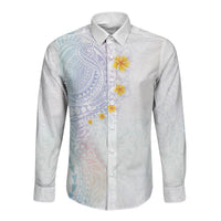 Hawaiian Tribal Tattoo and Plumeria Long Sleeve Button Shirt Polynesian Pattern Sweet LT03 Unisex White - Polynesian Pride