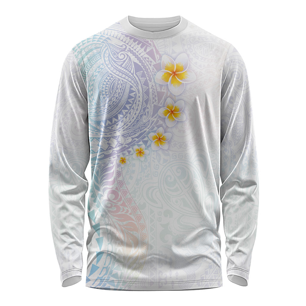 Hawaiian Tribal Tattoo and Plumeria Long Sleeve Shirt Polynesian Pattern Sweet LT03 Unisex White - Polynesian Pride