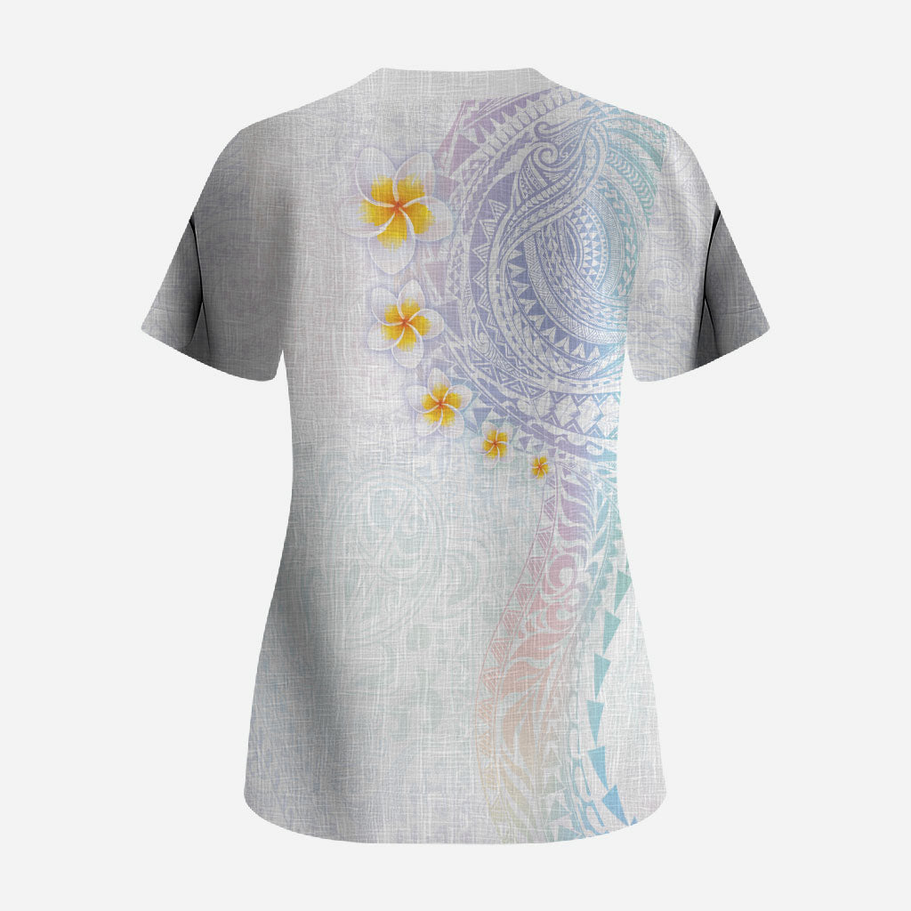 Hawaiian Tribal Tattoo and Plumeria Scrub Top Polynesian Pattern Sweet
