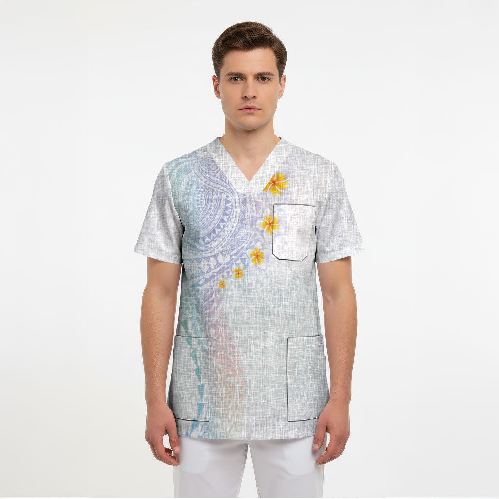 Hawaiian Tribal Tattoo and Plumeria Scrub Top Polynesian Pattern Sweet