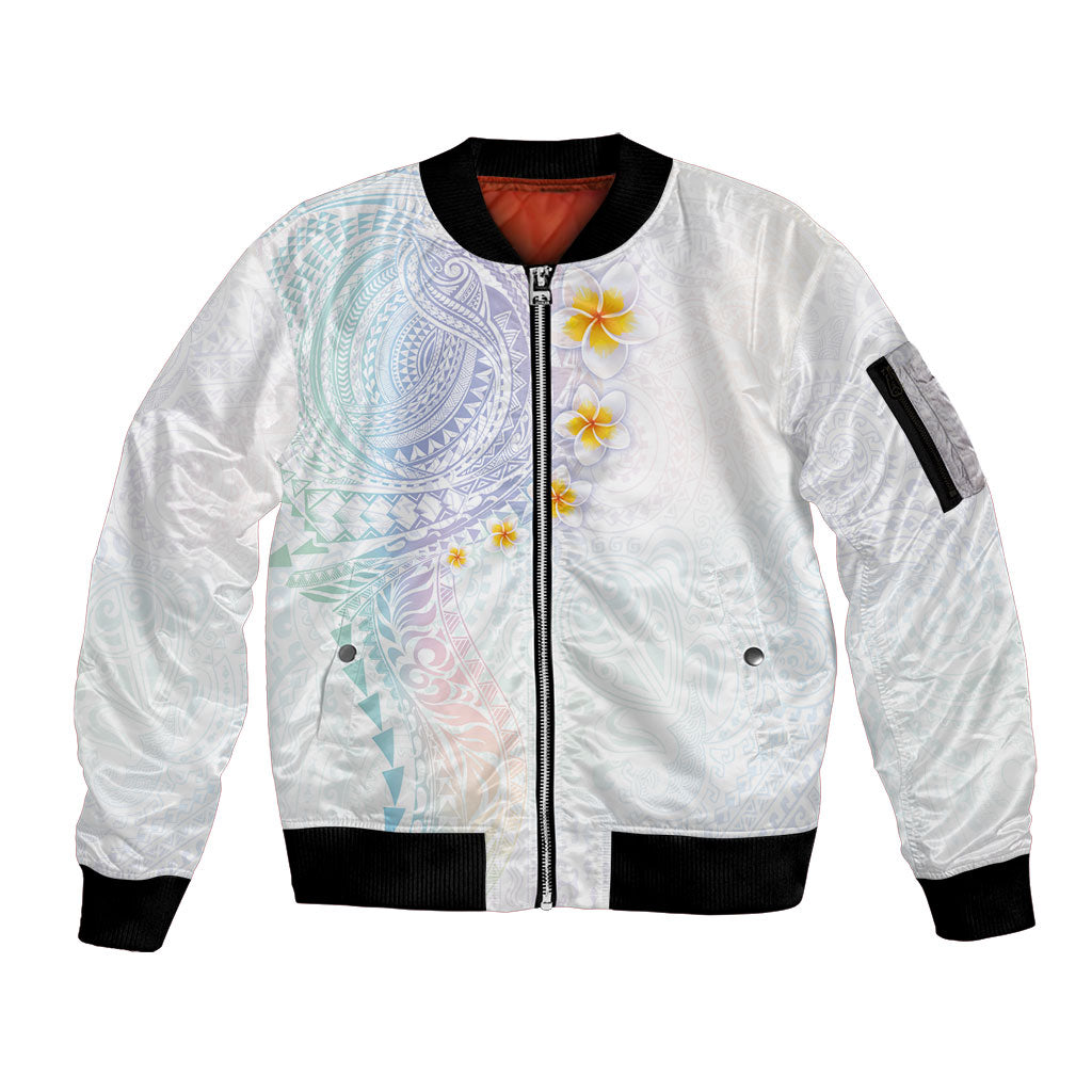 Hawaiian Tribal Tattoo and Plumeria Sleeve Zip Bomber Jacket Polynesian Pattern Sweet LT03 Unisex White - Polynesian Pride