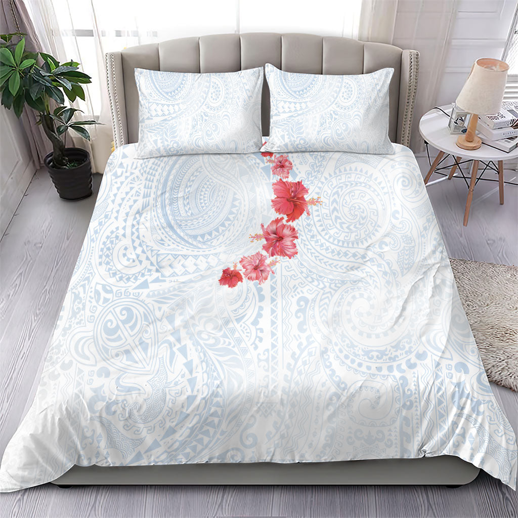 Hawaiian Tribal Tattoo and Hibiscus Bedding Set Polynesian Pattern Airy White Blue Cloud