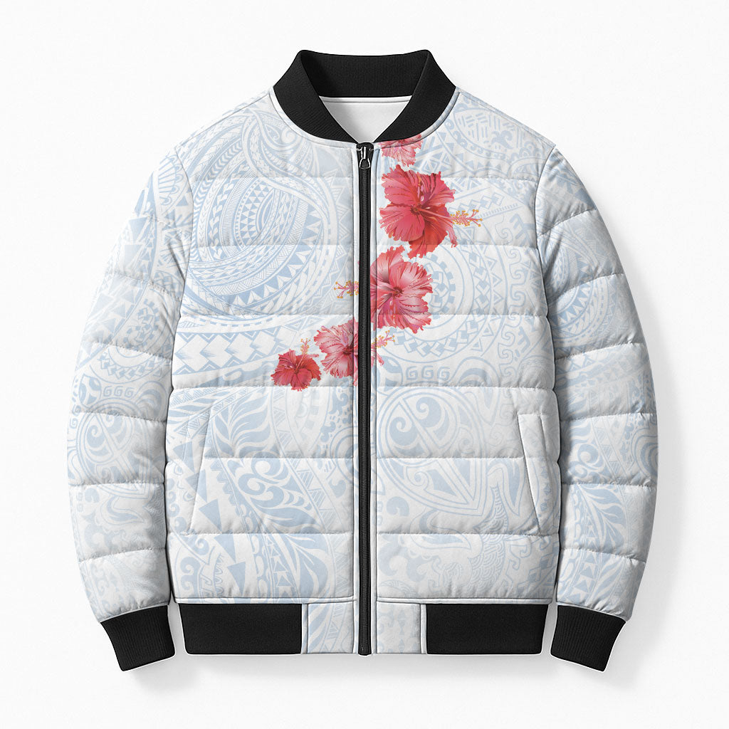 Hawaiian Tribal Tattoo and Hibiscus Bomber Puffer Jacket Polynesian Pattern Airy White Blue Cloud LT03 Unisex White - Polynesian Pride