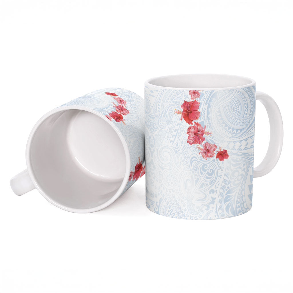 Hawaiian Tribal Tattoo and Hibiscus Ceramic Mug Polynesian Pattern Airy White Blue Cloud