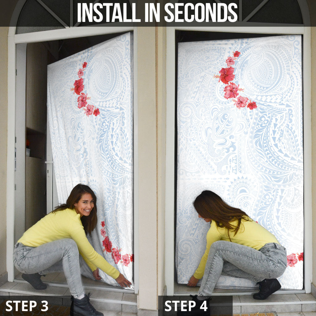 Hawaiian Tribal Tattoo and Hibiscus Door Cover Polynesian Pattern Airy White Blue Cloud