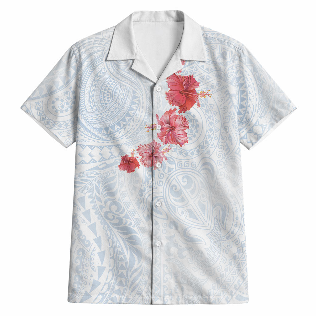 Hawaiian Tribal Tattoo and Hibiscus Hawaiian Shirt Polynesian Pattern Airy White Blue Cloud