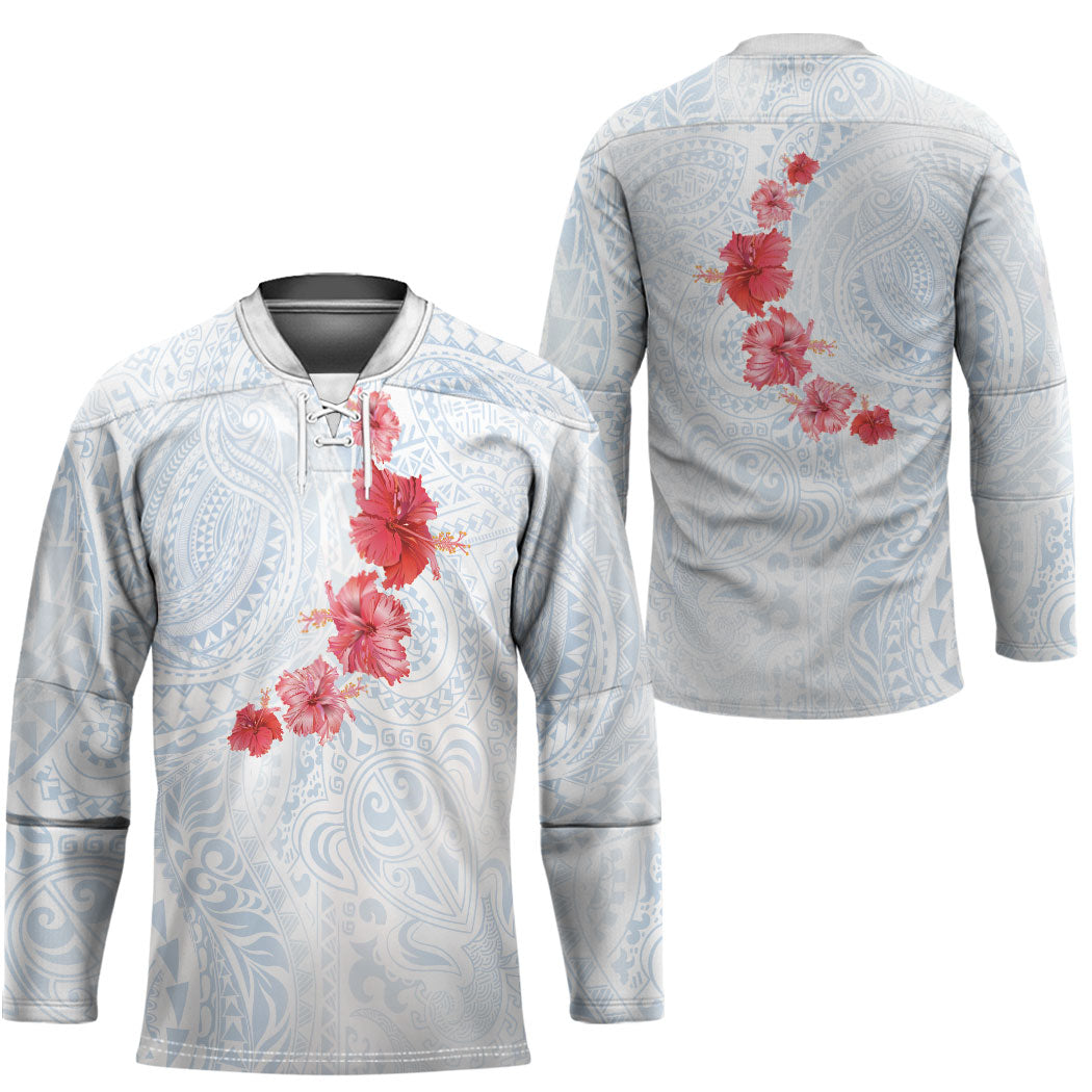 Hawaiian Tribal Tattoo and Hibiscus Hockey Jersey Polynesian Pattern Airy White Blue Cloud