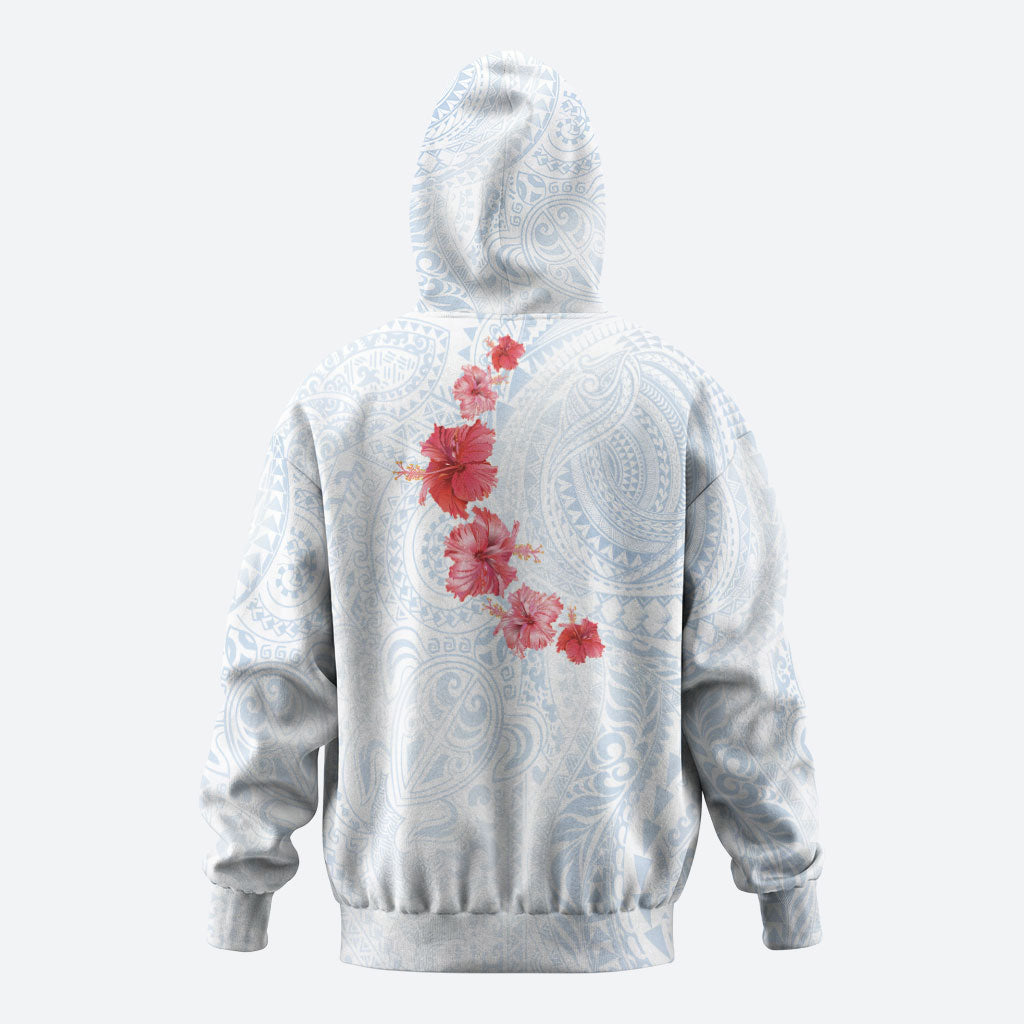 Hawaiian Tribal Tattoo and Hibiscus Hoodie Polynesian Pattern Airy White Blue Cloud