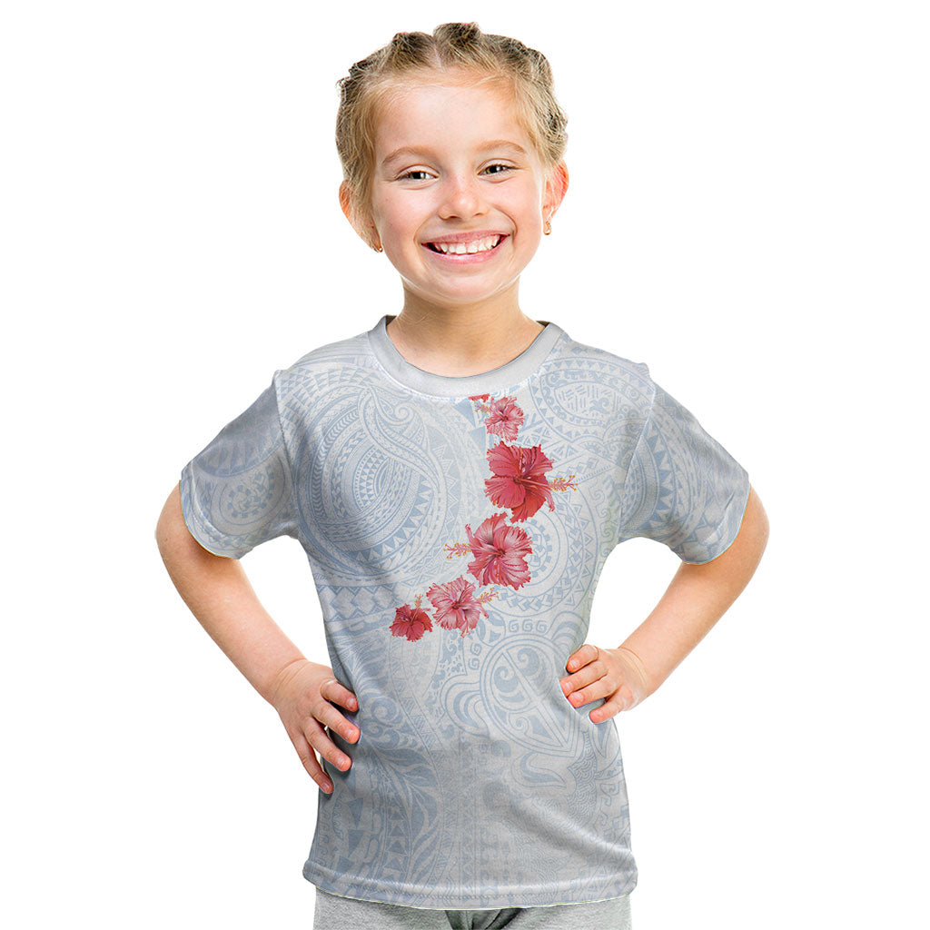 Hawaiian Tribal Tattoo and Hibiscus Kid T Shirt Polynesian Pattern Airy White Blue Cloud