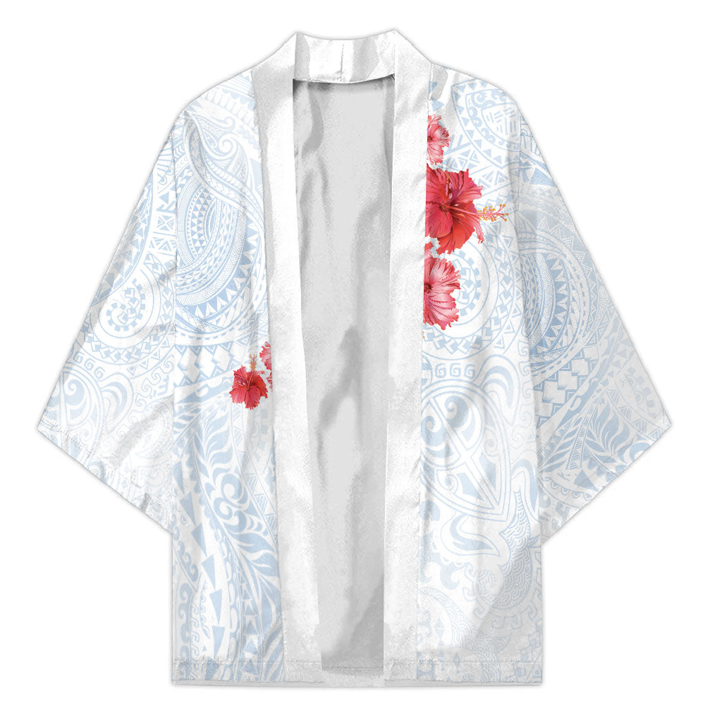 Hawaiian Tribal Tattoo and Hibiscus Kimono Polynesian Pattern Airy White Blue Cloud LT03 Unisex White - Polynesian Pride