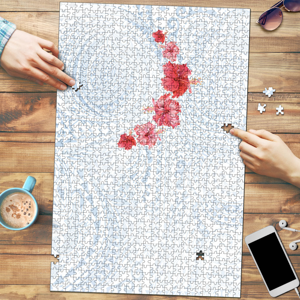 Hawaiian Tribal Tattoo and Hibiscus Puzzle Polynesian Pattern Airy White Blue Cloud LT03 White - Polynesian Pride