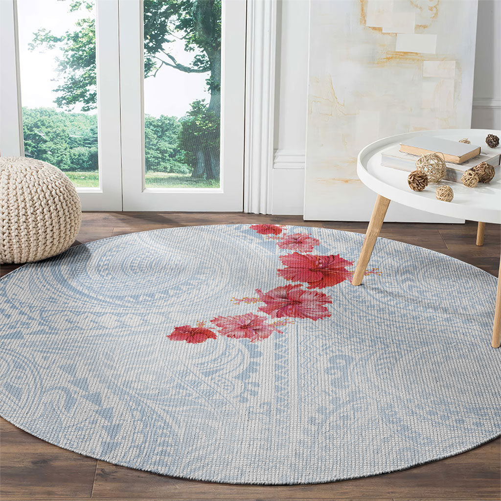 Hawaiian Tribal Tattoo and Hibiscus Round Carpet Polynesian Pattern Airy White Blue Cloud