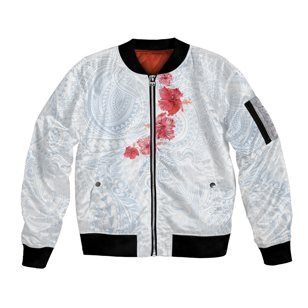 Hawaiian Tribal Tattoo and Hibiscus Sleeve Zip Bomber Jacket Polynesian Pattern Airy White Blue Cloud LT03 Unisex White - Polynesian Pride